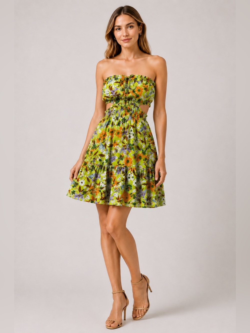 Sky to Moon Strapless Cutout Dress Medium Floral Lime Green Boho Tiered Flowy